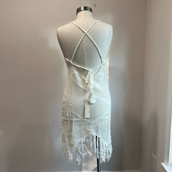 Endless Blu White Crochet Fringe Cover Up Boho Festival Beach Dress Size M - Picture 4 of 11